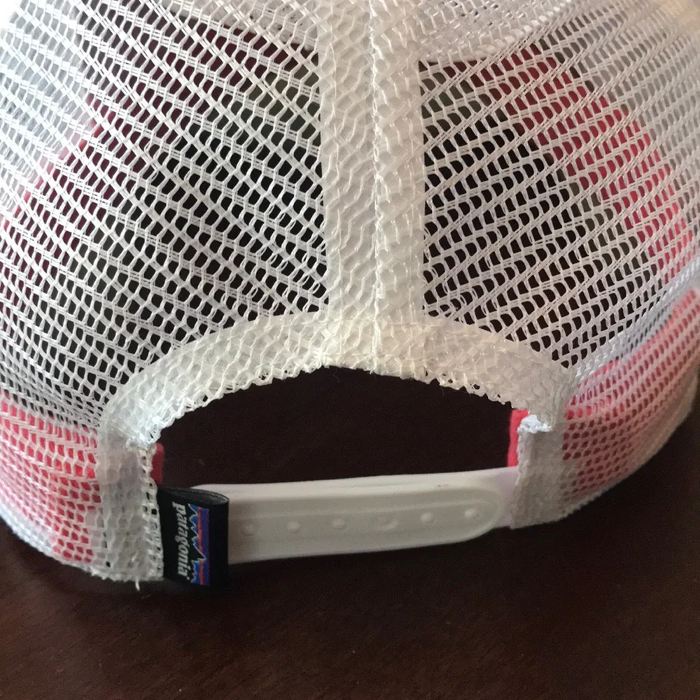 Patagonia Pink and White Mesh Trucker Hat with Mountain Patch